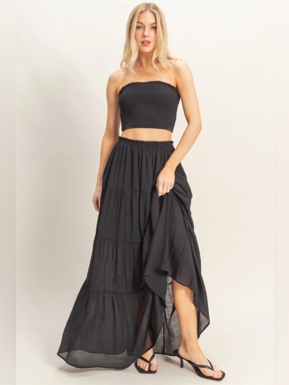 NEW HYFVE Black Smocked Tube Top & Tiered Maxi Skirt Set Size Medium